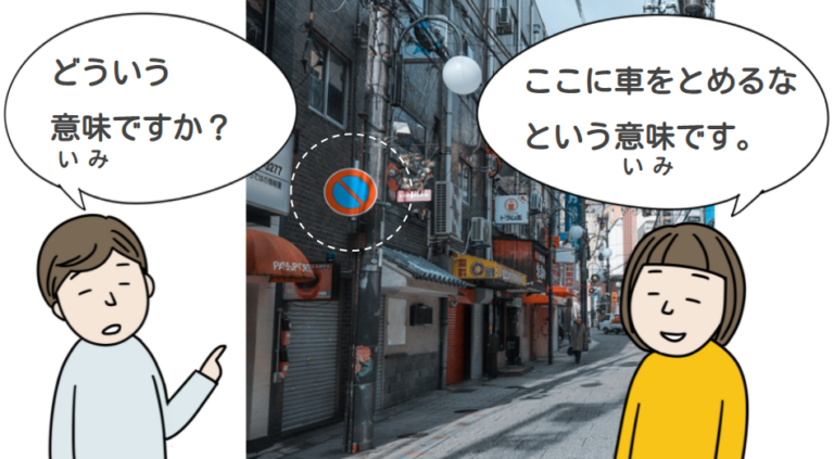 【日本語初級、教案と導入イラスト】「～は～という意味です」
