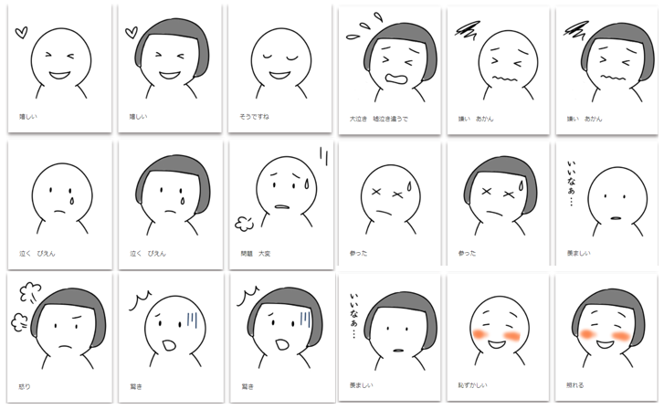 日本語教育 教材作成用の無料イラスト 人の顔 表情
